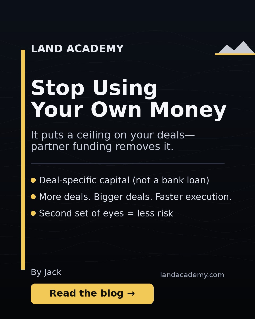 If you’re only doing land deals with your own money, there’s a good chance you’re unintentionally capping your growth.
Not because cash is bad—because it quietly limits the size of deals you’ll pursue and how fast you can move when a great opportunity shows up.
I wrote a thorough blog explaining how partnership funding actually works (it’s not like a bank), why it can reduce your risk, and how it removes the ceiling that slows most investors down.
Comment PARTNER and I’ll DM you the blog.
#LandInvesting #RealEstateInvestor #PassiveIncome #LandForSale #RealEstateGoals #LandDeals #InvestInLand #LandFlipping #RealEstateSuccess #PropertyInvesting #LandInvestors #RealEstateTips #LandLife #RealEstateWealth #LandOpportunity #BuyLand #RealEstateJourney #FlippingLand #InvestmentProperty #BuildWealth #PassiveIncome #InvestorLife #OffMarketDeals