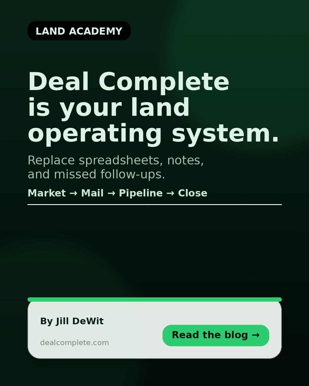 If you’ve ever felt like land investing gets messy the moment you try to do real volume… you’re not wrong. 

It’s not the business model. 
It’s the lack of a clean operating system. 

We just posted a new blog breaking down Deal Complete — what it replaces, what it actually does, and how to start using it without getting overwhelmed. 

Comment EASY and we’ll DM you the blog link + the free Deal Complete signup link. 

#LandInvesting #RealEstateInvestor #PassiveIncome #LandForSale #RealEstateGoals #LandDeals #InvestInLand #LandFlipping #RealEstateSuccess #PropertyInvesting #LandInvestors #RealEstateTips #LandLife #RealEstateWealth #LandOpportunity #BuyLand #RealEstateJourney #FlippingLand #InvestmentProperty #BuildWealth #PassiveIncome #InvestorLife #OffMarketDeals